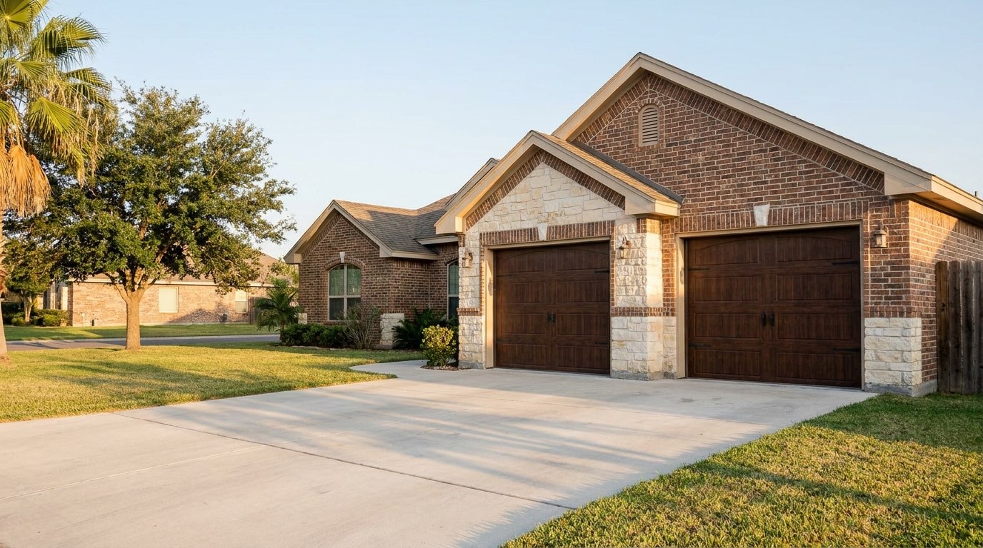 Two dark wood-look garage doors on a brick and limestone home with a wide concrete driveway