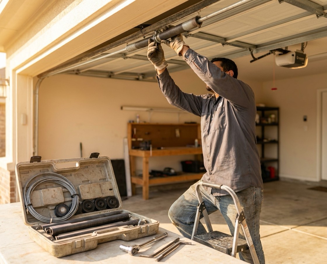 Garage door technician winding a torsion spring above an open sectional door, with cables, rollers and replacement springs in an open parts case